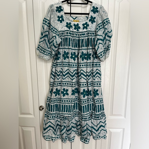 Vintage Ramona Rull Floral Patterned Green and White Mumu Dress L? - Picture 1 of 12